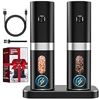 Electric Salt and Pepper Grinder Set, 𝟮𝟬𝟮𝟰 𝙉𝙚𝙬 Rechargeable Salt and Pepper Mill with 4*Rechargeable Batteries, Charging Base, White Light, One Hand Automatic Operation, Black, 2Pack