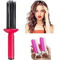 17 Teeth Round Comb Hair Brush Styler for Curly Hair, Portable Anti‑Slip Curling Wand, Curly Hair Styler Tool, Air Volume Comb with Hair Roller Clips (3Pcs-Rose Pink)