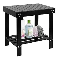 VaeFae Bamboo Spa Bench Wood Seat Stool Foot Rest Shaving Stool with Non-Slip Feets Storage Shelf for Shampoo Towel,Works in Bathroom/Living Room/Bedroom/Garden Leisure (Black)