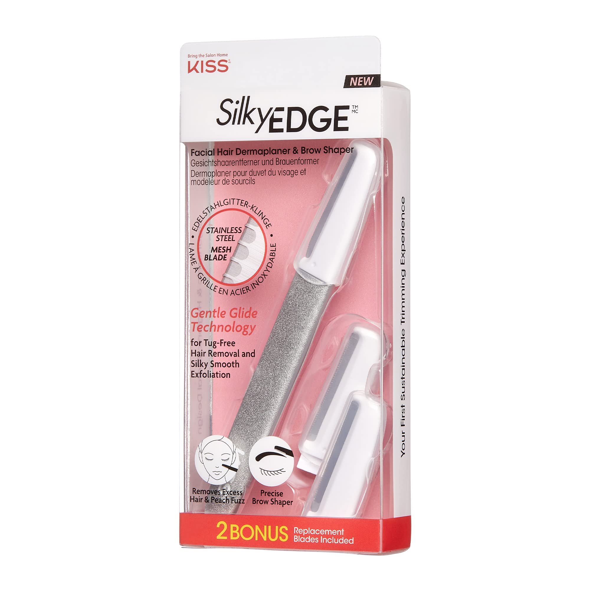 KISS Silky Edge Facial Hair Dermaplaner & Brow Shaper, Stainless Steel Mesh Blade, Gentle Glide Technology, with 2 Bonus Replacement Blades