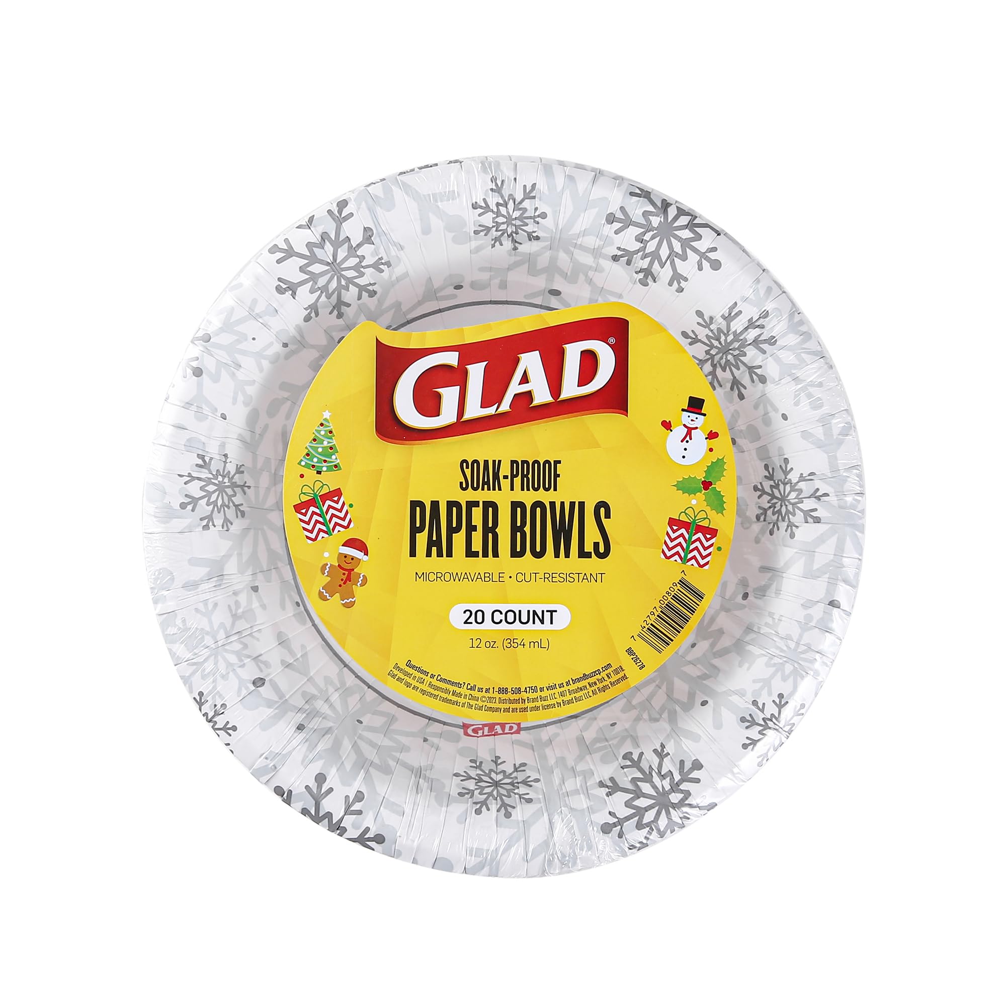 Glad Everyday Disposable Paper Bowls with Holiday Gray Snowflake Design | Heavy Duty Paper Bowls, Microwavable Paper Bowls for Everyday Use | Red Snowflake Holiday Design | 12 Ounces, 20 Count