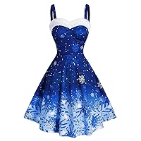 Plus Size Womens Vintage Dress Christmas Snowflake Print Spaghetti Strap Dresses Cocktail Holiday Party Dress Outfits