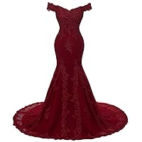 Kivary Off Shoulder Mermaid Long Lace Beaded Prom Dress Corset Evening Gowns