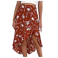 Womens Asymmetrical Hem Beach Skirt Ruffle High Low Flowy Skirts High Waisted Floral Printed Summer Skirt Midi Skirt