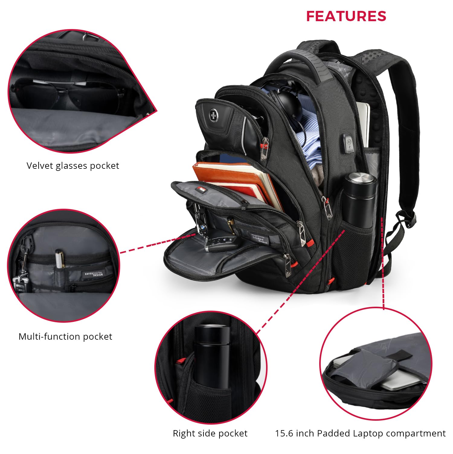 Swissdigital Design Circuit Men's Laptop Backpack for College and Business Travel with Integrated USB Charging Port and RFID Protection Fits Laptops up to 15.6 in, Black (J14-BR)