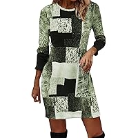 Women's Spring and Autumn Casual Dress Geometric Print Round Neck Long Sleeve Comfy Dress Pocket Vintage Midi Dresses