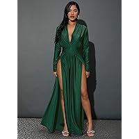 Summer Dresses for Women 2022 Plunging Neck Slit Thigh Dress Dresses for Women (Color : Dark Green, Size : Large)
