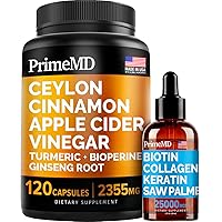 4-in-1 Liquid Biotin Collagen Keratin Saw Palmetto Drops (2 fl oz - 1 Pack) & 5-in-1 Ceylon Cinnamon w Turmeric & Ginseng Root (120ct) Bundle - Hair, Skin, Nails, & Immune Support Supplement