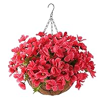 INQCMY Artificial Hanging Flowers in Basket for Patio Lawn Garden Decor,12 inch Coconut Lining Hanging Baskets with Artificial Flowers for Home Porch Outdoors Spring Decoration(Rose red)