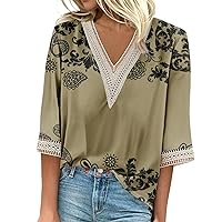 Summer Tops for Women Women's 3/4 Sleeve Shirts V Neck Tops Print Casual Tshirts Trendy Lace Loose Basic Tunic Ladies Blouses