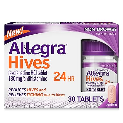 Allegra Hives Non-Drowsy Antihistamine Tablets, 30-Count, 24HR Hives Reduction & Itch Relief, 180mg