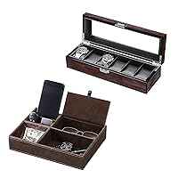 BEWISHOME Watch Box for Men - Luxury Watch Case, Real Glass Top, Smooth Faux Leather Interior & Mens Valet Tray Dresser Organizer Nightstand Organizer Bundle