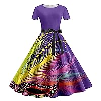 XJYIOEWT Graduation Dress for Mom,Women Print Short Sleeve 1950s Evening Party Prom Dress Plus Summer Dress for Women pl