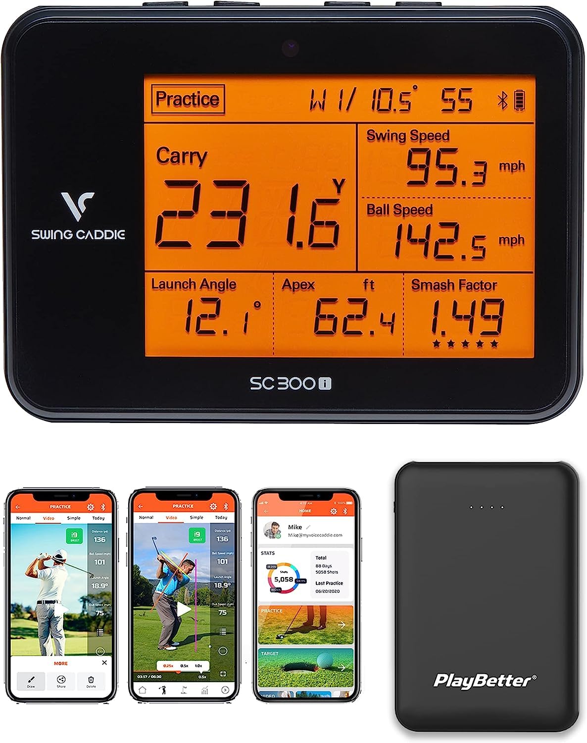 PlayBetter Swing Caddie SC300i Golf Launch Monitor by Voice Caddie | Official Accessories Bundles | Choose from Protective Case, Charger, Gift | Carry/Total Distance, Smash Factor, Ball Speed