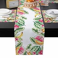 Watermelon Table Runner with Placemats Set of 6, Cotton Linen Kitchen Dining Mats Long Table Cover 13x90 Tropical Leaves Green Summer Banana Flower Table Mats Set for Living Room/Dresser/Dining
