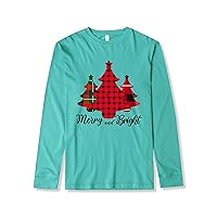 Hat and Beyond Mens Winter Holidays Plaid Pattern Christmas Tree Graphic Printed Image Long Sleeved Crew Neck T-Shirt