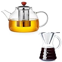 44oz Sturdy Glass Teapot with Removable Infusers for Loose Tea + Pour Over Coffee Maker with Permanent Stainless Filter 27oz