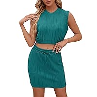 Ladies Solid Color Round Neck Sleeveless Vest Metal Ring Loose Pleated Top Cold Shoulder Cotton Ribbed Pattern Shirts