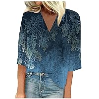 Womens Summer Tops 2023 3/4 Sleeve Tees for Woman V Neck Casual Floral T Shirts Blouse Flowy Sexy Tunic Blouse Tops