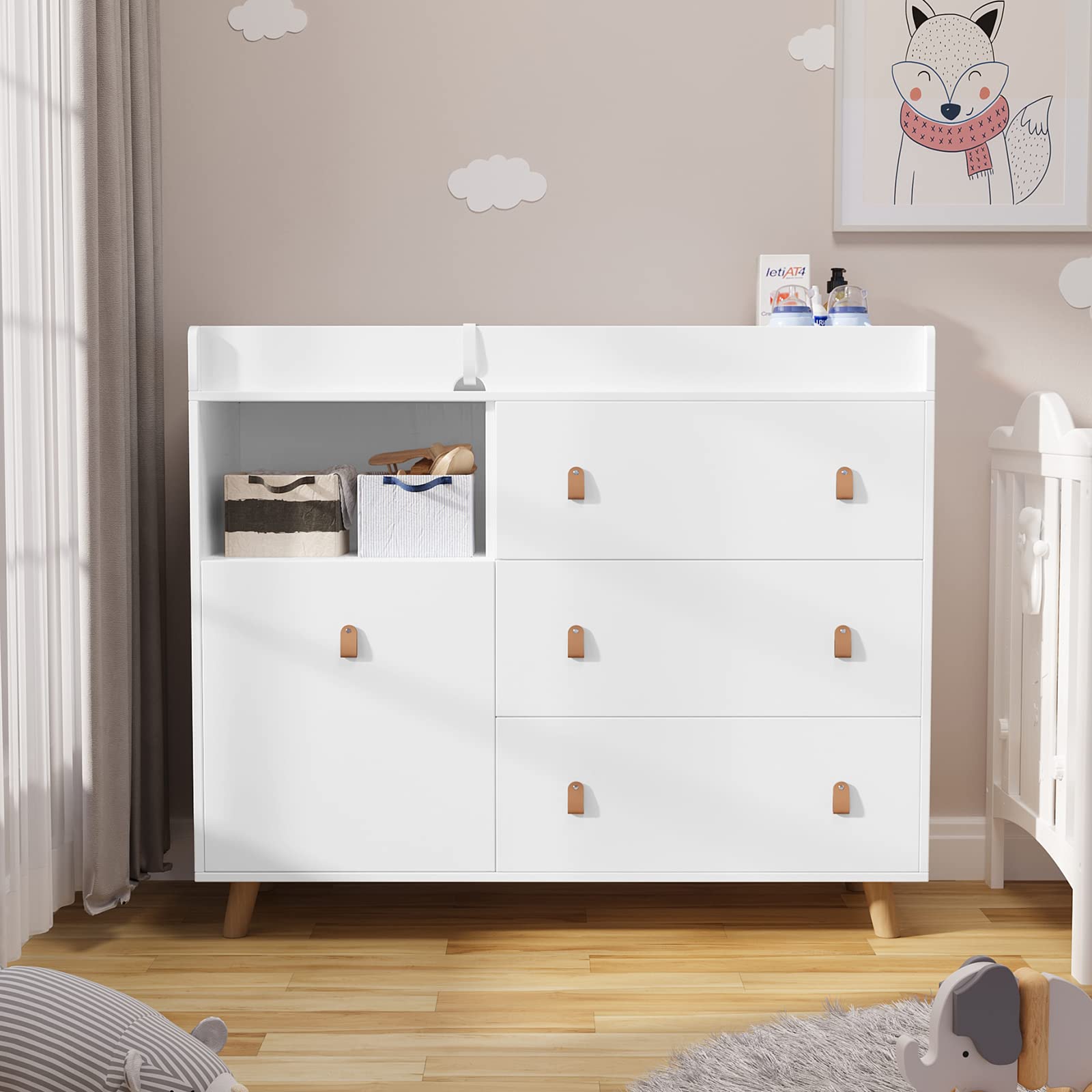 Timechee Baby Changing Table Dresser, Modern Nursery Changing Dresser Chest with 3 Drawers & 1 Shelf, Diaper Changing Pad, Storage Changing Dresser (White)