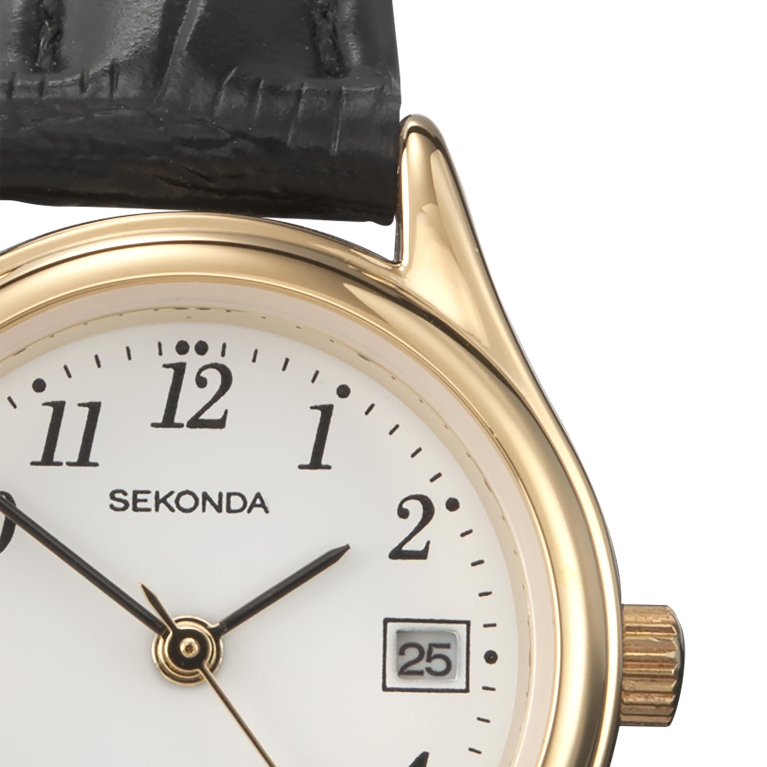Sekonda Womens 27mm Robinson Analogue 3 Hand Classic Quartz Watch Gold Case with White Dial Date Window and Black Leather Strap 30m Water Resistant