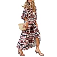 Women Boho Embroidery Maxi Dress Floral Flowy Tiered Long Dress with Puff Sleeve V Neck Swing Casual Sundress