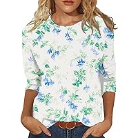 Womens Tops 3/4 Length Sleeves T-Shirts Trendy Three Quarter Sleeve Tops Ladies Floral Printed Tee Shirts Blouse