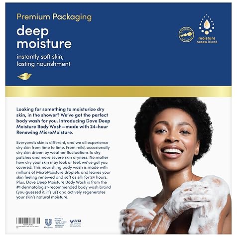 Dove Deep Moisture Body Wash for Dry Skin – Shower Soap for Women & Men, 24H Moisture Body Soap Liquid, 22 Oz (Pack of 4)
