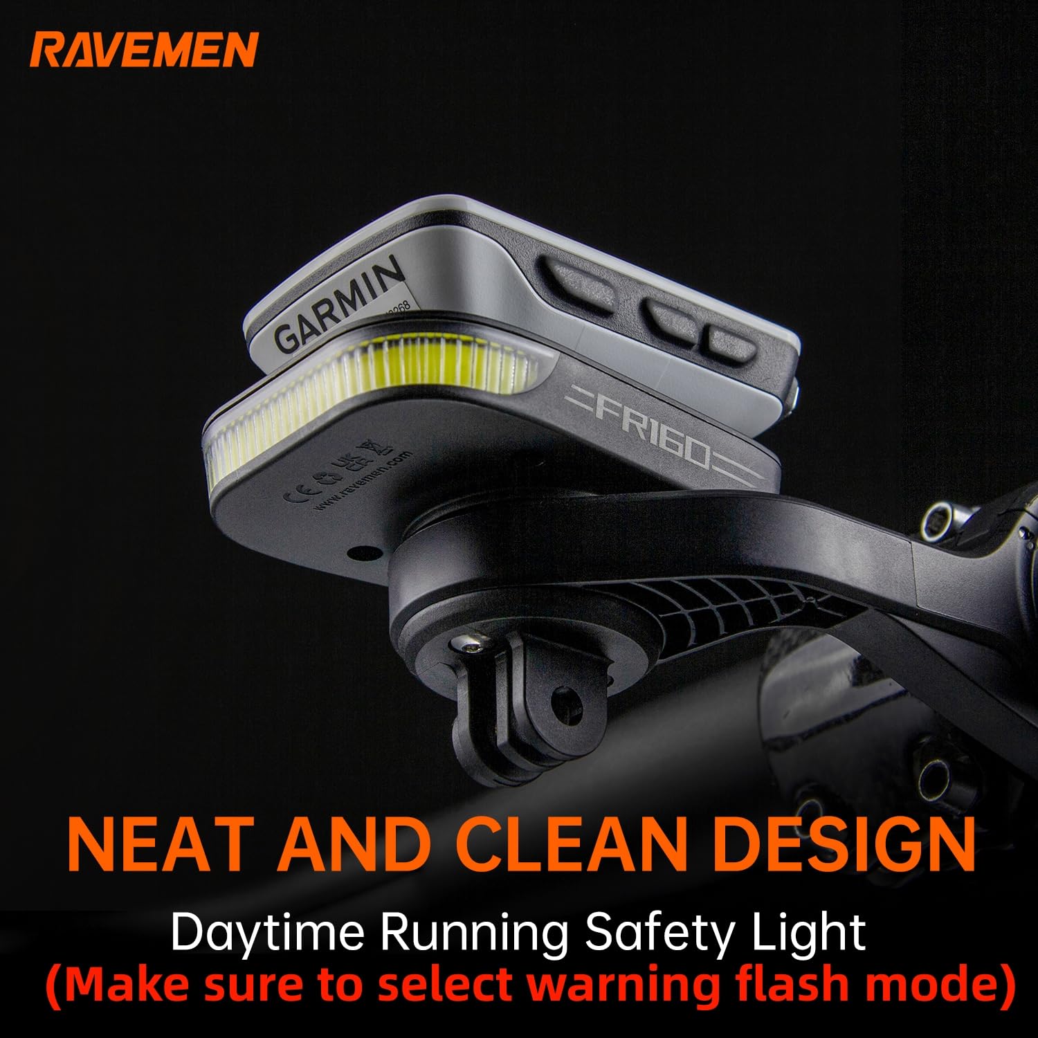 RAVEMEN FR160 Compatible with Garmin/iGPSPORT/COOSPO Cycling GPS/Bike Computer, IPX6 Waterproof Auxiliary Light with Side Visibility Warning Flash Light for Riding Safety (Patent Protected)