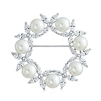Christmas Elegant Bridal Holiday Marquise CZ Round Crystal White Simulated Pearl Wreath Circle Scarf Brooch Pin For Women Wedding Gold Silver Plated