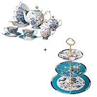 ACMLIFE Bone China Tea Sets with Cake Stand 3 Tiers for 6 Adults, 21 Piece Vintage Tea Cup Set, Blue Floral Tea Sets for Women Tea Party or Gift Giving China/English Tea Cup Set