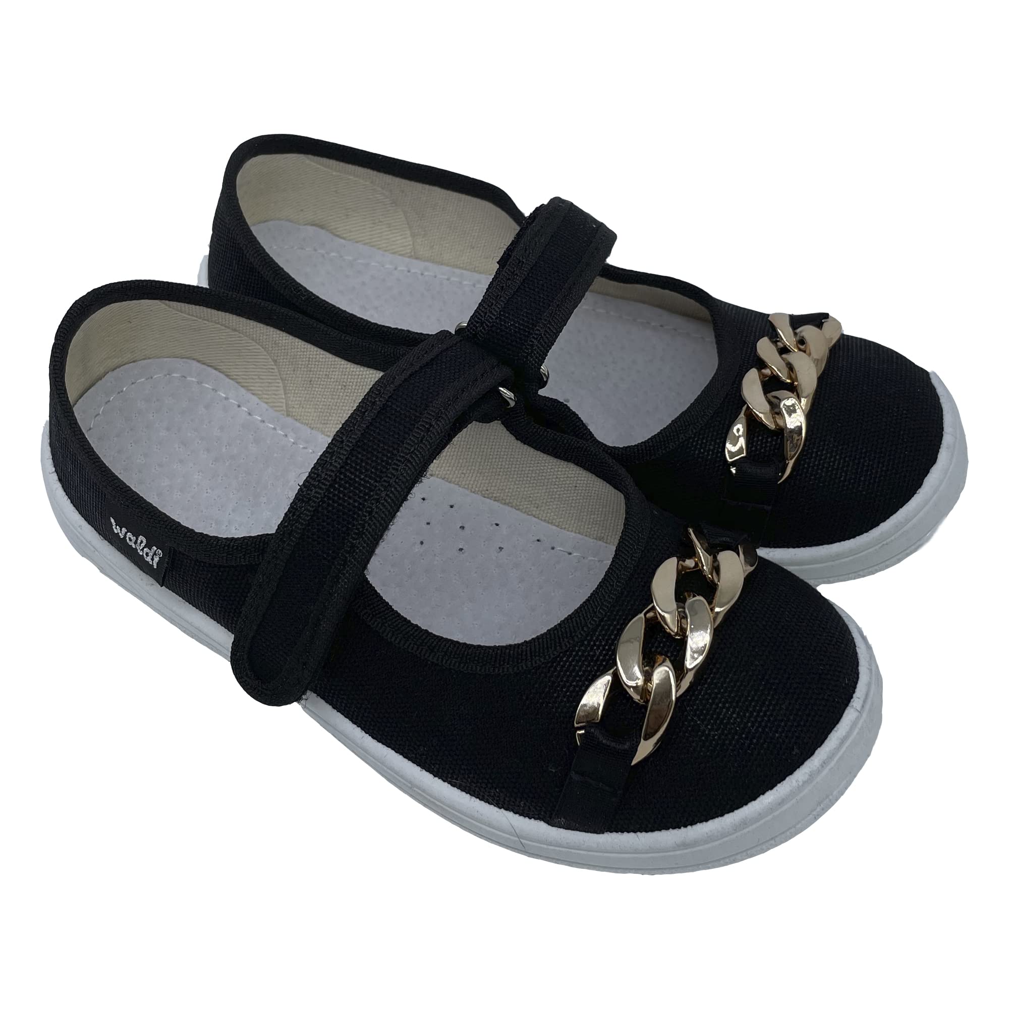 Waldi Mary Jane Leather Lining Canvas Shoes with Fancy Gold Chain
