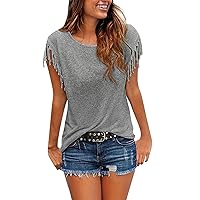 Women's Sexy Tops Fashionable Round Neck Solid Color Tassel Sleeveless Loose T-Shirt Top Tops, S-2XL