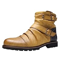 Western Cowboy Boots for Mens Chelsea Boots High Top Boots Fashion Thick Heel Mens Chukka Boots Mens Casual Zipper and Buckle Motorcycle Boots Low Flat Heel Anti Slip Outdoor Walking Shoes