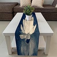 White Lotus' Flower Table Runner 14x72 Inch Floral Blossom Painting Table Runner Cotton Linen Elegant Washable Table Cloth Runners for Kitchen Home Dining Room Tabletop Decoration
