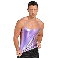 ACSUSS Mens Shiny Metallic Patent Leather Tank Crop Top Sleeveless Vest Tank Top Clubwear Colorful Purple Large
