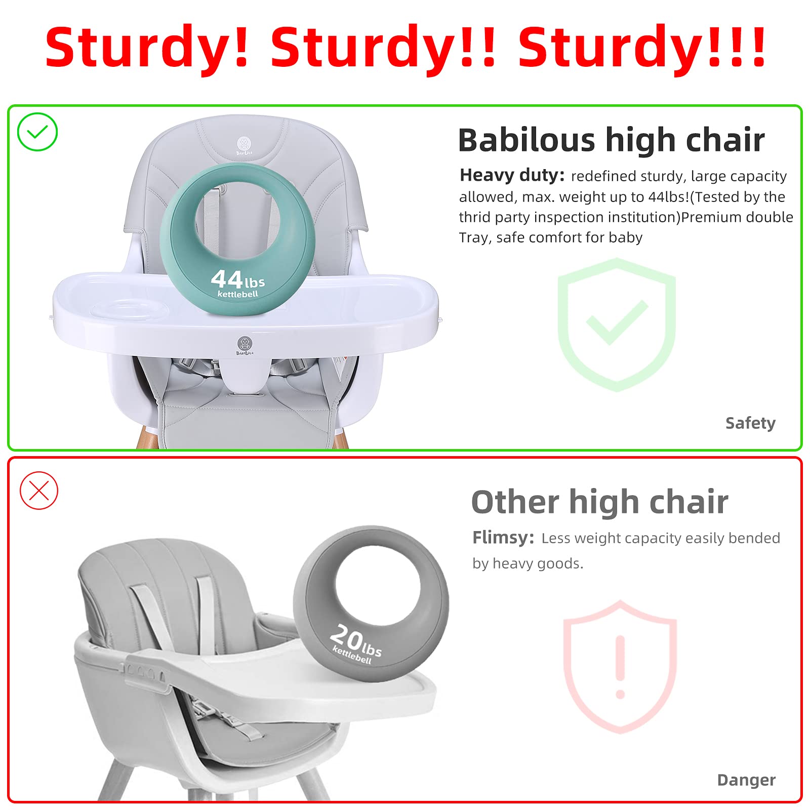 Baby High Chair, 3-in-1 Convertible ASTM Approved Infant Adjustable Feeding Dining Chair | 2 Big Removable Easy to Clean Dishwasher Safe Trays,for 6 Mons up to 35 Lb Toddler(Grey)