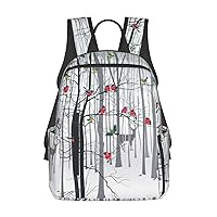 Snow Deer Bird Brich Tree Print Large-Capacity Backpack, Simple And Lightweight Casual Backpack, Travel Backpacks
