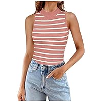 Women's Tank Top 2024 Ribbed Knit Summer Casual High Neck Striped Sleeveless Shirts Striped Shirt Women