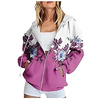 Womens Fall Fashion,Women's Long Sleeve Floral Print Sweatshirt Long Sleeve Pocket Jacket Zipper Hoodie Coat