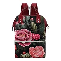Roses and Cactus Printed Diaper Bag Backpack Travel Waterproof Mommy Bag Nappy Daypack