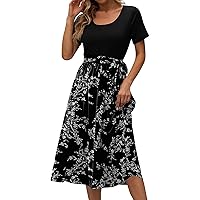 One Strap Dress Crew Neck Splicing Lace Up Print Short Sleeved Casual Dress Summer Dress with Sleeves