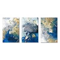 Ocean Abstract Canvas Art Blue Picture Gold Teal Painting Crashing Waves Artwork 3 Panel Wall Decor for Living Room Ready to Hang12x16in x3