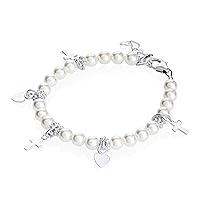 Sterling Silver Charm Bracelet for Girls - with European Simulated Pearls and Silver Cross and Heart Charms - Best First Communion Gift for Girls