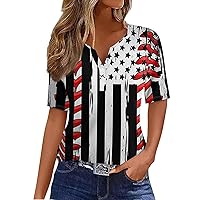 July 4Th Shirts for Women 2024 Comfy Star Striped American Flag Printed Button Down V Neck Short Sleeve Tee