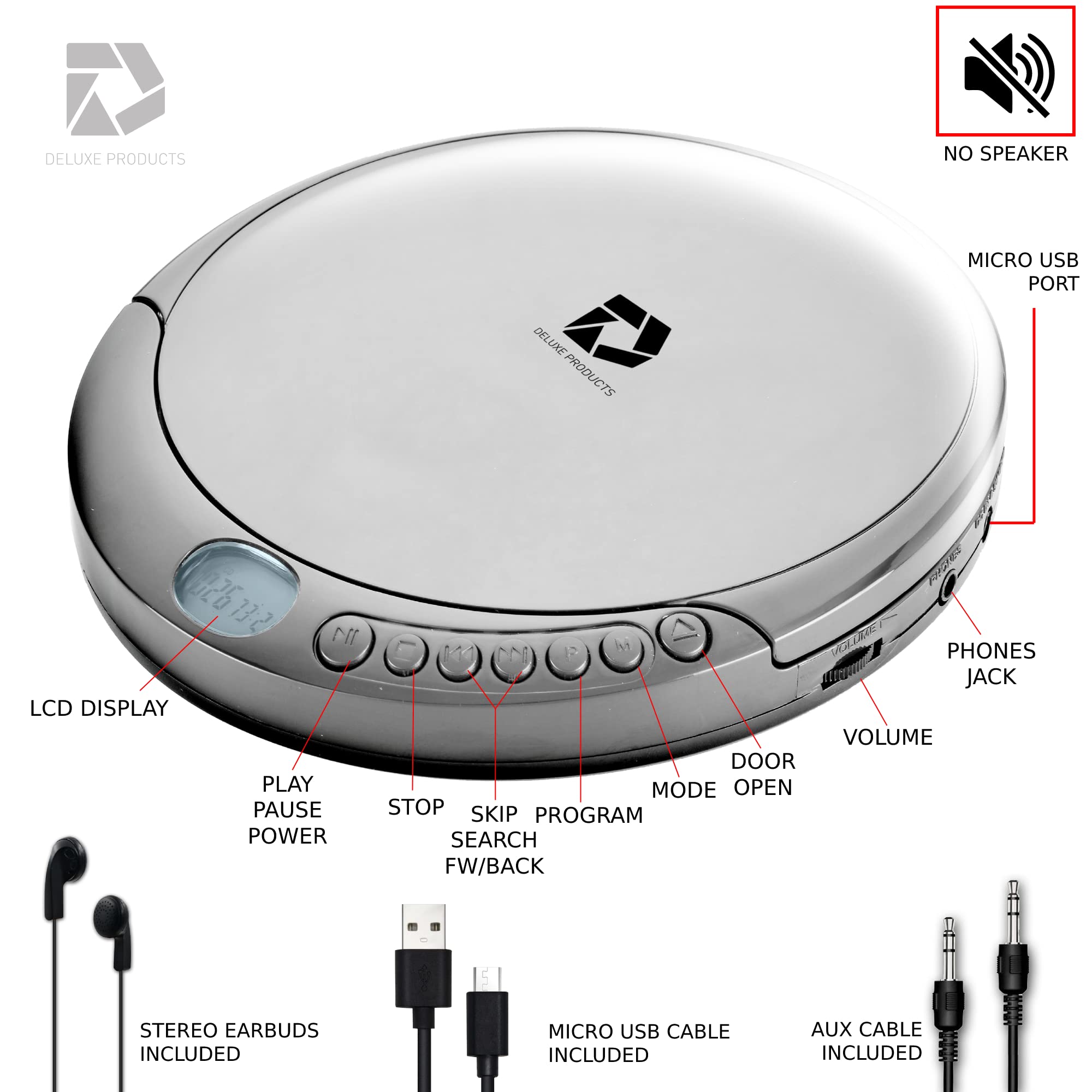 Deluxe Products CD Player Portable with 60 Second Anti Skip, Stereo Earbuds, Includes Aux in Cable and AC USB Power Cable for use at Home or in Car. Silver