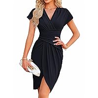 JASAMBAC Women's Wear to Work Dresses 2024 Professional Trendy Bodycon Wrap Dress Office Business Casual Short Sleeve Dresses