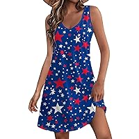 Sundress for Women Summer July 4th Patriotic Blouses T-Shirts Dress V Neck Loose Tank Dresses with Pockets