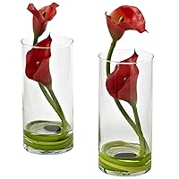 Nearly Natural 1390-RD-S2 Double Calla Lily with Cylinder, Red, Set of 2