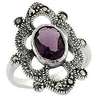 Sterling Silver Marcasite Floral Ring, w/Oval Cut Amethyst CZ, 1 inch (25 mm) Wide